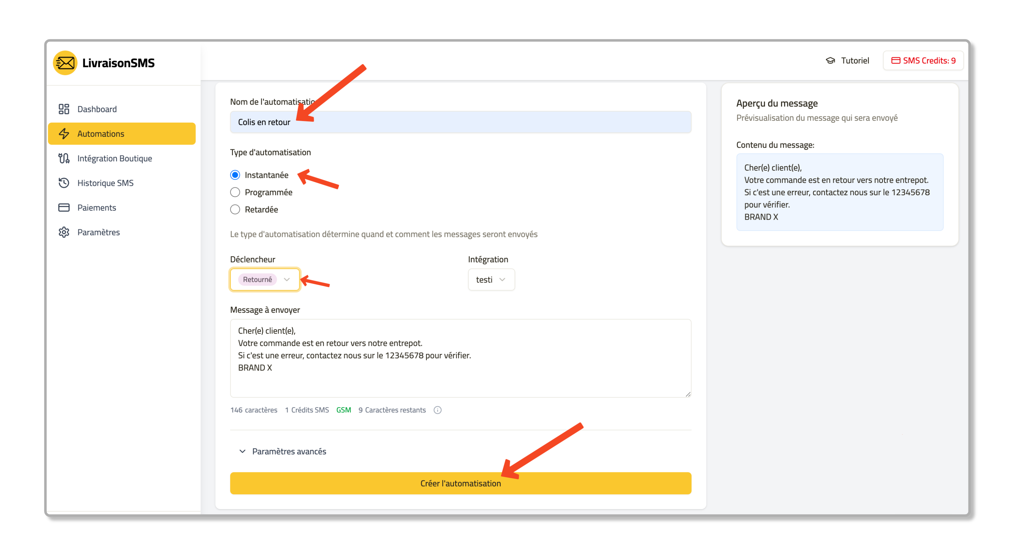 Configuration des automations SMS dans LivraisonSMS