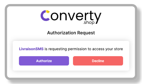 Autorisation Converty pour connecter LivraisonSMS